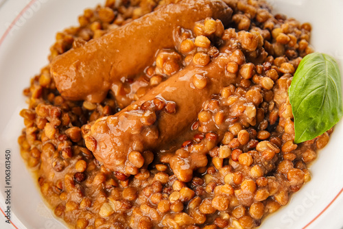 Lentil with sausages tasty food dish second course аresh delicious gourmet food background on the table rustic food top view copy space top view photo