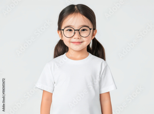 Smiling young girl wearing glasses and a blank white t-shirt on a plain background.