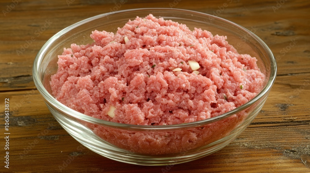 Fresh minced beef in a glass bowl on a rustic table with garlic, herbs, and seasonings, ready for a delicious homemade recipe Fresh minced beef in a glass bowl on a rustic table with garlic, herbs, and seasonings, ready for a delicious homemade recipe