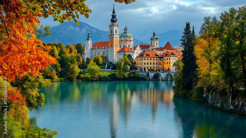 Obraz premium Autumn Landscape with Church and River - Photo