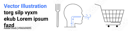Fork, human head with airflow arrows and shopping cart. Ideal for health, wellness, nutrition, respiratory health and mindful eating. Banner for landing page