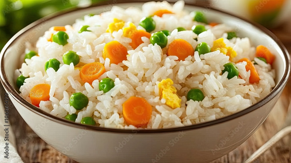 Fried rice in a bowl with scrambled egg, carrots, peas, and green onions, set on a wooden surface, creating a warm, inviting meal Fried rice in a bowl with scrambled egg, carrots, peas, and green onions, set on a wooden surface, creating a warm, inviting meal