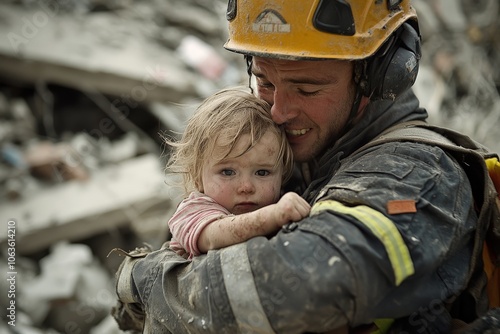 A touching image of a tender firefighter embracing a dusty child amid ruins, representing hope and compassion, highlighting the courage and humanity of first responders. photo