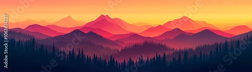 Breathtaking mountain landscape at sunset, featuring vibrant colors and majestic peaks surrounded by serene forests.