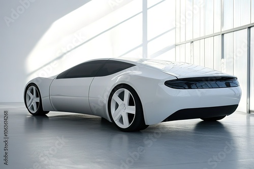 Sleek futuristic electric car in bright showroom