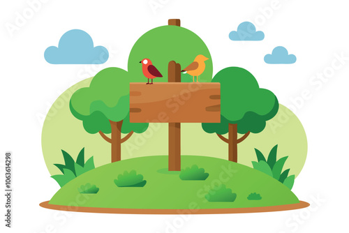 Colorful Birds Perched on a Wooden Feeder Surrounded by Trees in a Serene Park Setting