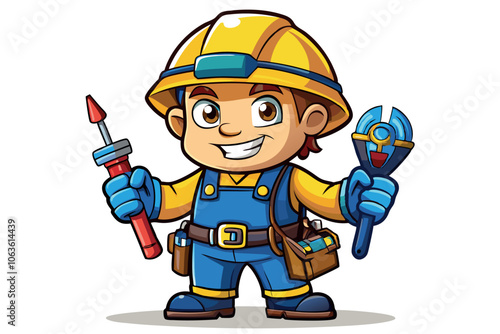 A Cheerful Cartoon Construction Worker Holds Tools in a Safety Helmet and Overalls