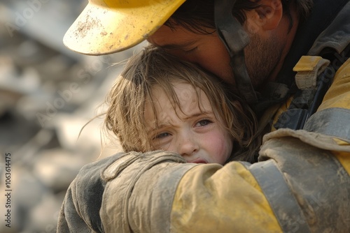 A firefighter tenderly embraces a child, providing comfort and safety amid chaotic surroundings, embodying hope and human kindness during a crisis. photo