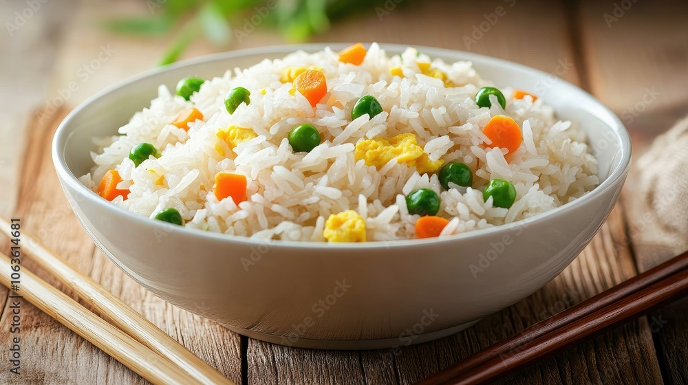 Fried rice with egg, peas, and carrots, in a bowl with chopsticks resting beside, set on a wooden table for a cozy, home-cooked feel Fried rice with egg, peas, and carrots, in a bowl with chopsticks resting beside, set on a wooden table for a cozy, home-cooked feel