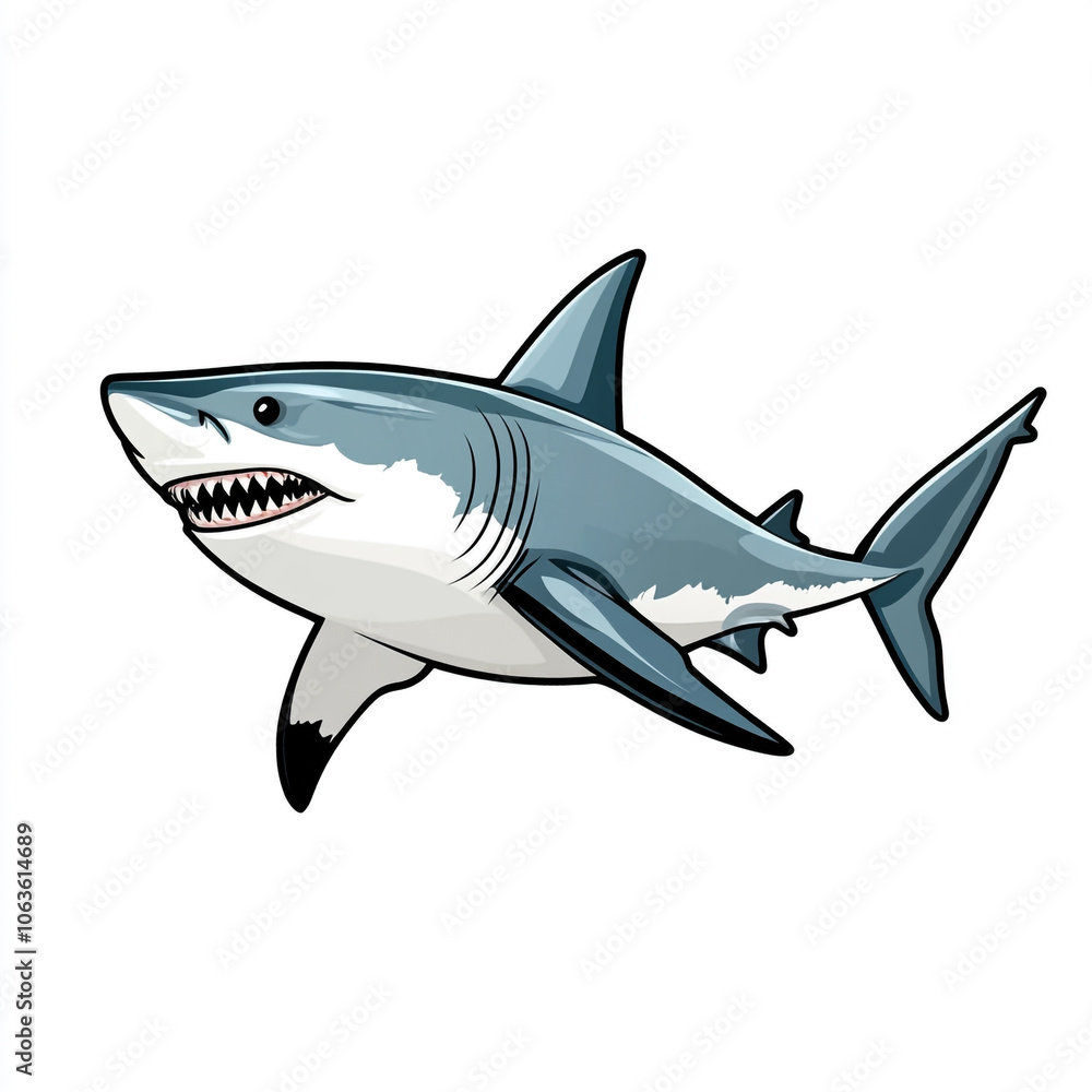 A cartoon shark with its mouth open and teeth showing. 