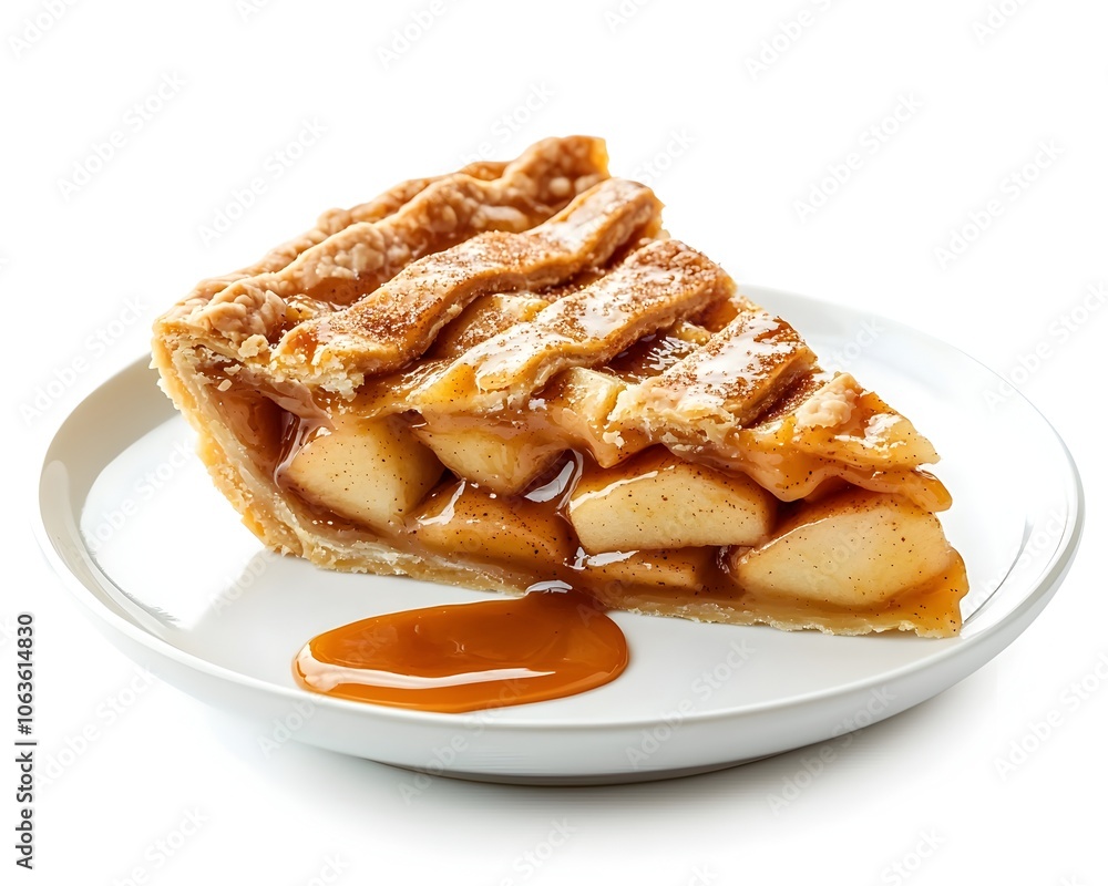 Classic Apple Pie Slice with Caramel Sauce on White Background Classic Apple Pie Slice with Caramel Sauce on White Background
