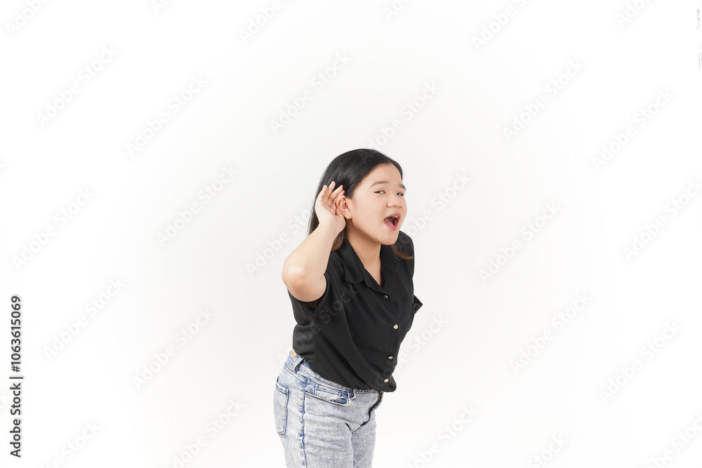 beautiful Asian woman poses with her hands on both ears, trying to listen attentively against a white background beautiful Asian woman poses with her hands on both ears, trying to listen attentively against a white background