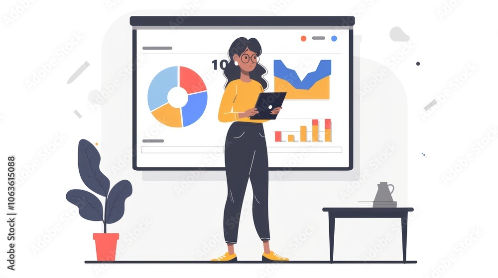 A woman is standing in front of a white board with a tablet in her hand A woman is standing in front of a white board with a tablet in her hand