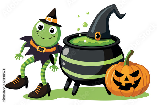 A Cheerful Green Character in a Witch Costume Prepares a Potion Next to a Pumpkin