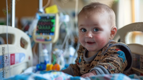 A baby is smiling in a hospital bed