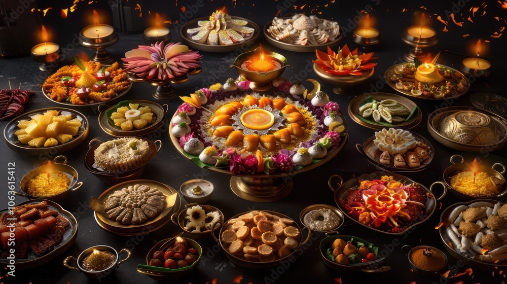 A table full of food with candles on it A table full of food with candles on it