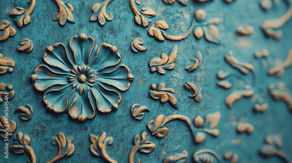 Detailed floral relief design with intricate patterns, showcasing a blend of elegance and craftsmanship in vibrant turquoise. Detailed floral relief design with intricate patterns, showcasing a blend of elegance and craftsmanship in vibrant turquoise.