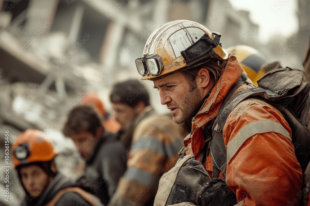 A group of rescue workers clad in protective gear bravely navigate their way through a heavily damaged area, emphasizing teamwork and resilience above challenges. A group of rescue workers clad in protective gear bravely navigate their way through a heavily damaged area, emphasizing teamwork and resilience above challenges.