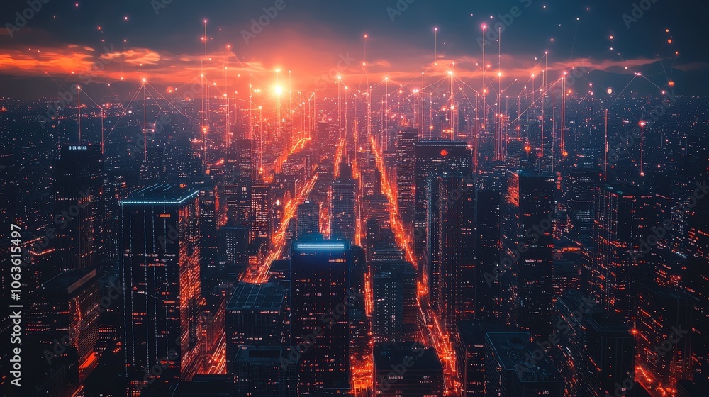 An enchanting sunset over a technologically advanced city, where network connections are represented as glowing lines, symbolizing future communication concepts. An enchanting sunset over a technologically advanced city, where network connections are represented as glowing lines, symbolizing future communication concepts.