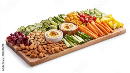 Colorful vegetable and nut platter with dips on wooden board, white isolated background. Flexitarian food concept photo