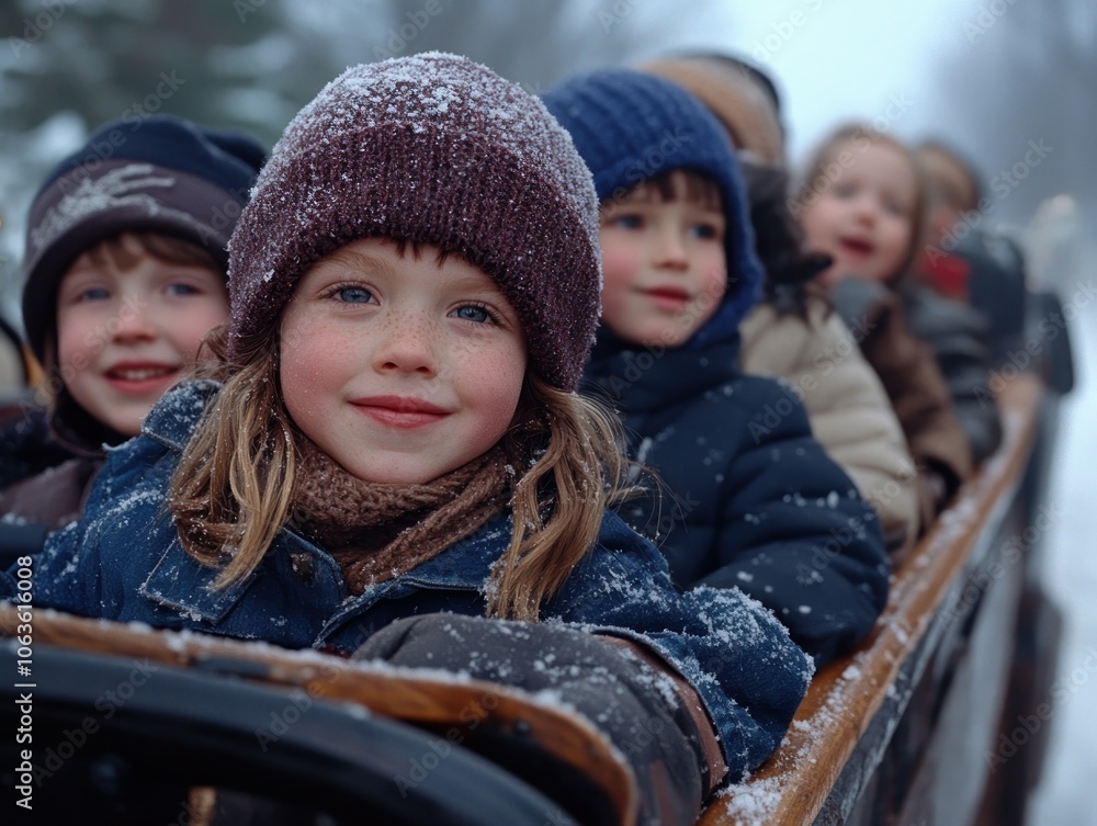 Joyful Sleigh Ride with Children Singing in a Winter Wonderland, Festive Holiday Magic in the Frosty Air Joyful Sleigh Ride with Children Singing in a Winter Wonderland, Festive Holiday Magic in the Frosty Air