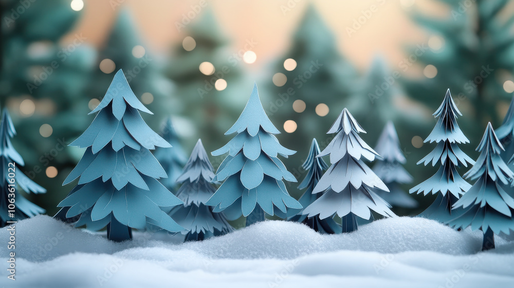 Fototapeta premium serene paper cut style Christmas tree forest on snowy background