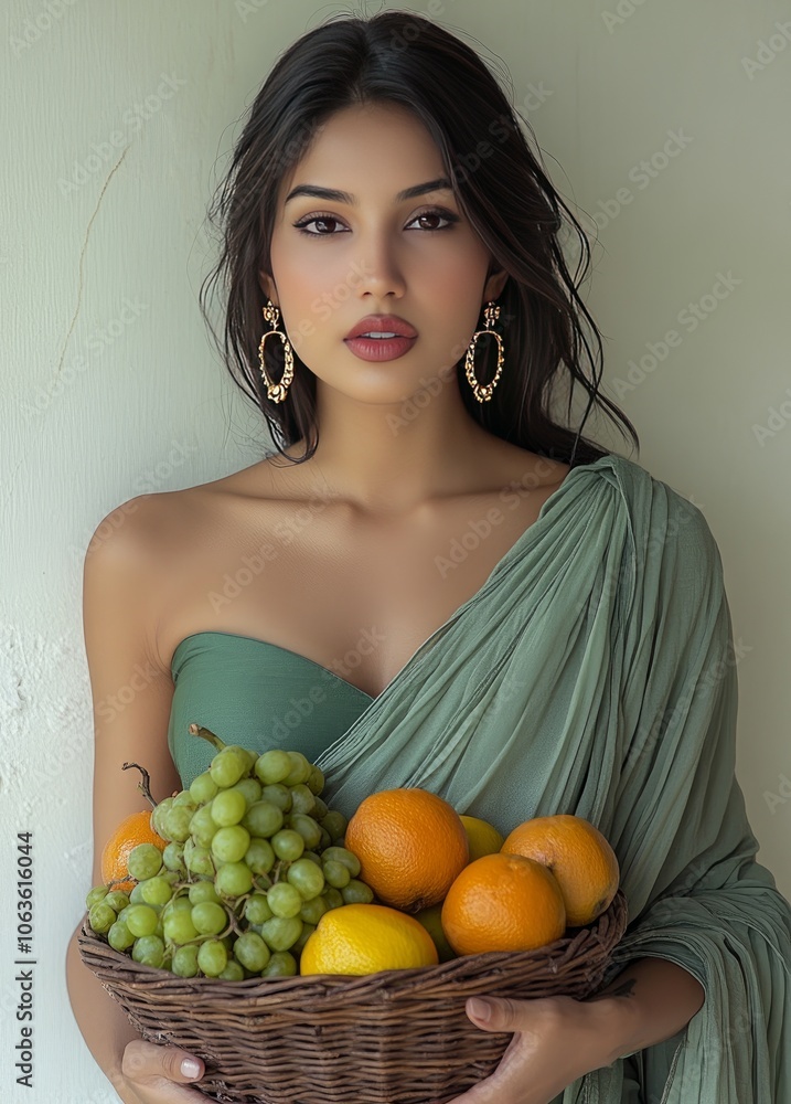 a beautiful woman holding a basket full of fruits a beautiful woman holding a basket full of fruits