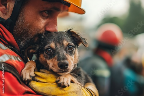 A rescuer clad in protective orange attire cradles a small dog amidst disaster, displaying the unbreakable bond between humans and animals in crisis. photo