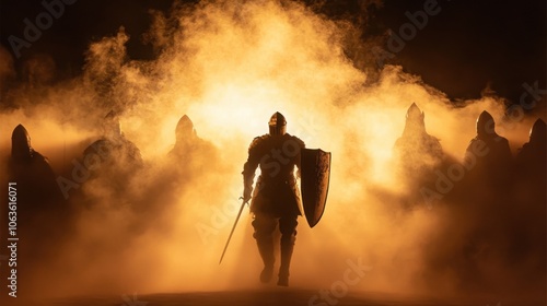 A knight in shining armor defends against mystical shadows with a glowing sword and sturdy shield in a dark, enchanted realm