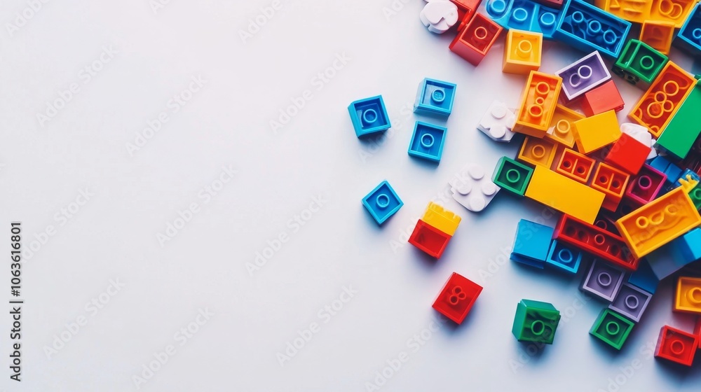 Colorful plastic building blocks scattered on a white background. Concept of childhood, creativity, play, and imagination Colorful plastic building blocks scattered on a white background. Concept of childhood, creativity, play, and imagination
