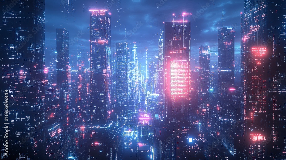 A towering cityscape bathed in neon blue and pink lights, capturing the futuristic essence and bustling energy of a metropolis under a twilight sky. A towering cityscape bathed in neon blue and pink lights, capturing the futuristic essence and bustling energy of a metropolis under a twilight sky.