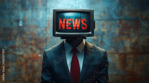 A man dressed in a suit stands with his arms crossed, featuring a television where his head should be, symbolizing the influence of news media on perception.