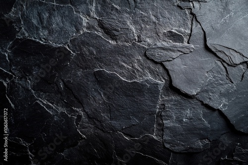 Black background with a texture of rough slate stone surface, top view. Black paper for design and decoration with copy space