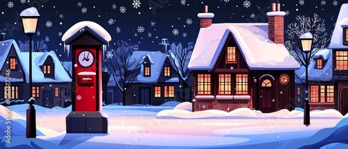 Wallpaper Mural A cozy winter village scene under a starry night sky, featuring snow-covered rooftops, a red clock tower, and warmly lit windows. Torontodigital.ca