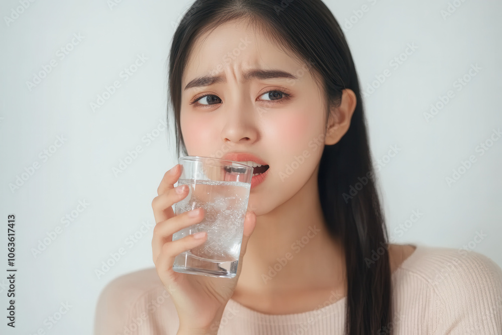 Woman reacts to drinking sparkling water with surprise Woman reacts to drinking sparkling water with surprise