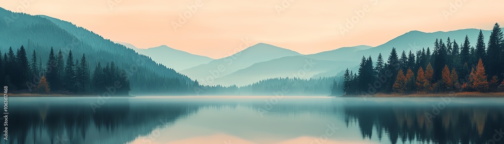 Serene lake at dawn, surrounded by misty mountains and evergreen trees, evoking tranquility and natural beauty. Serene lake at dawn, surrounded by misty mountains and evergreen trees, evoking tranquility and natural beauty.