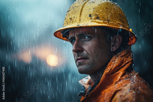 A determined firefighter in wet gear stands resolute against the rain, symbolizing steadfastness and bravery in confronting adversity on the frontlines. photo