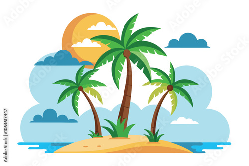 Tropical Island With Palm Trees Under a Bright Sun and Scattered Clouds