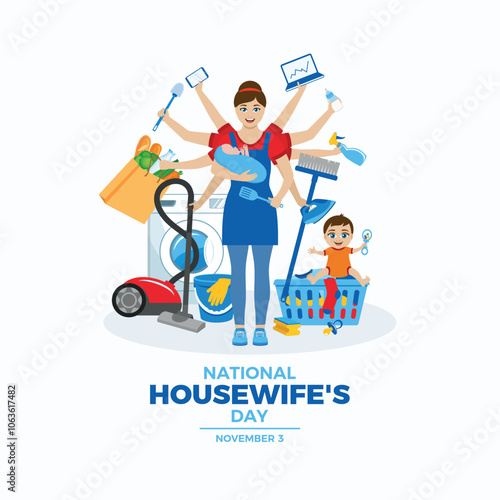 National Housewife's Day poster with cleaning woman vector illustration. Hardworking woman with children icon. Working mother at home drawing. November 3 every year. Important day