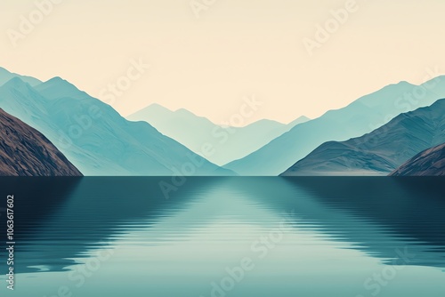 Serene landscape featuring tranquil water reflecting majestic mountains under a soft pastel sky, perfect for relaxation and nature themes.