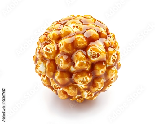 Glistening Caramel Popcorn Ball Evoking Nostalgic Treat on Isolated White Background photo