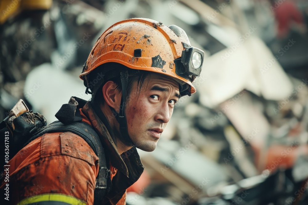 A dedicated rescuer amidst piled rubble, illuminated by a helmet lamp, perseveres through adversity, highlighting courage, focus, and hope amid destruction and chaos. A dedicated rescuer amidst piled rubble, illuminated by a helmet lamp, perseveres through adversity, highlighting courage, focus, and hope amid destruction and chaos.