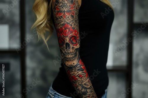 Close-up of a Woman's Arm with a Skull and Flower Tattoo photo