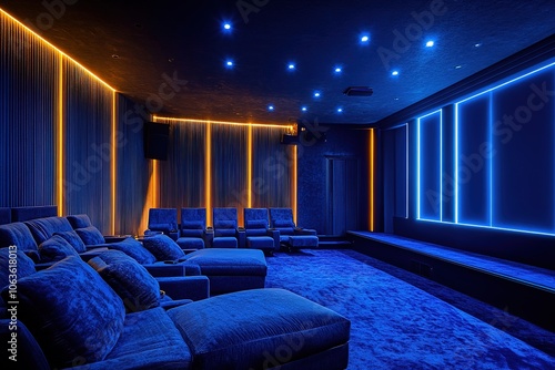 Modern home cinema room with blue LED lighting