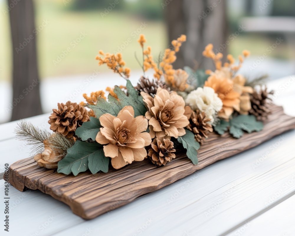 Rustic Pinecone Table Runner with Dried Flowers, Earthy Holiday Decor for a Vintage Charm Table Setting This Natural Wooden Centerpiece Adds a Touch of Farmhouse Elegance to Your Fall or Winter Decor