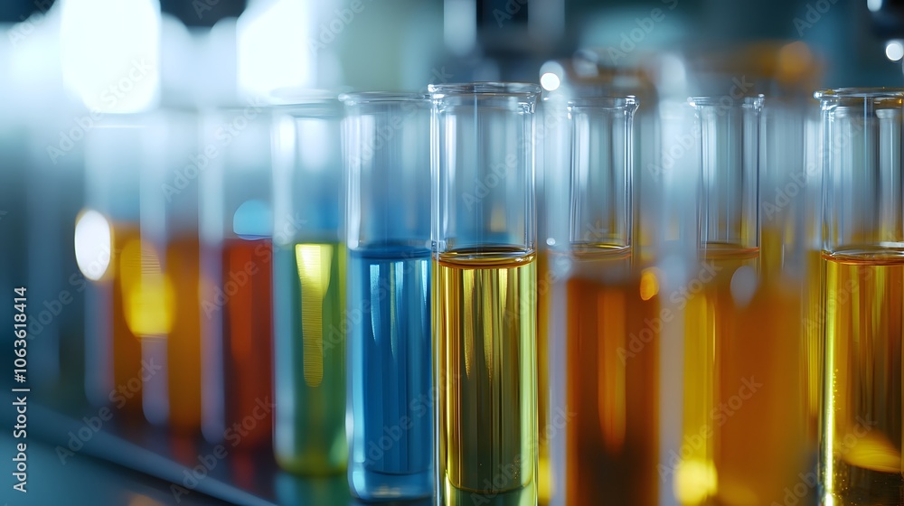 Close-up of Glass Test Tubes with Colorful Liquids in a Laboratory Setting Close-up of Glass Test Tubes with Colorful Liquids in a Laboratory Setting