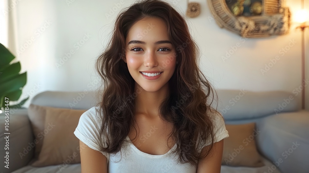 a messy haired young woman smiling in white top a messy haired young woman smiling in white top
