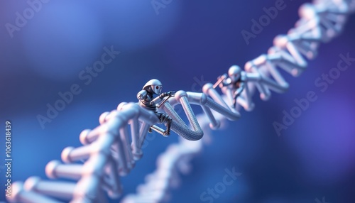 Close-Up of DNA Strand with Microbots Interacting for Advanced Genetic Engineering, Biotechnology, and Molecular Research Visualization photo