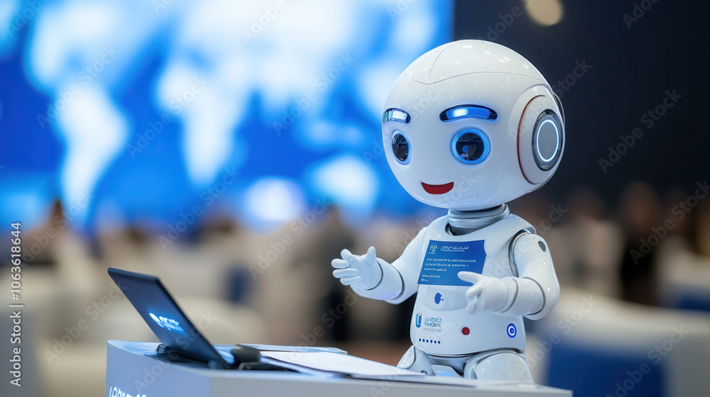 Humanoid robot at podium sharing insights on global technology trends, engaging with audience and showcasing advanced AI capabilities Humanoid robot at podium sharing insights on global technology trends, engaging with audience and showcasing advanced AI capabilities