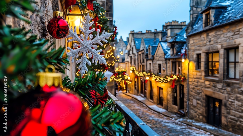 Fototapeta premium A festive winter scene featuring a decorated street with Christmas lights, ornaments, and a snow-dusted cobblestone path.